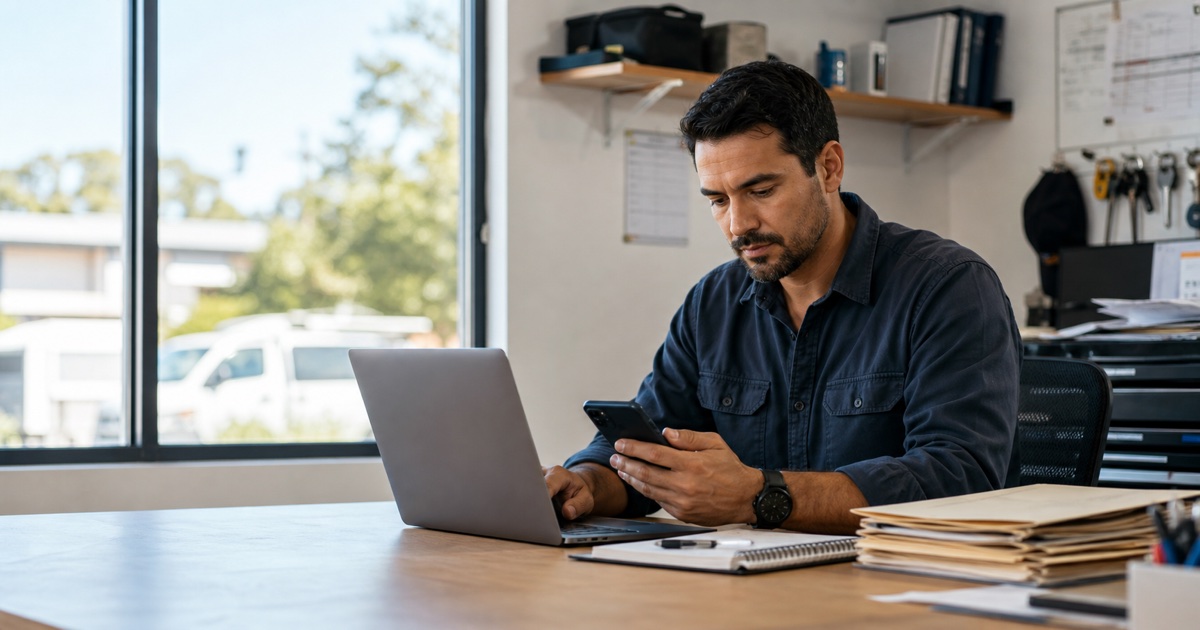 Sydney service-business owner working across a laptop and phone