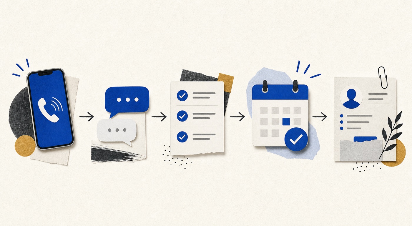Illustrated workflow showing a phone enquiry moving through reply, qualification, booking and customer record stages